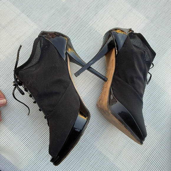 Dior Shoes - Christian Dior Patent Leather And Mesh
Peep Toe Lace Up Heeled Ankle Booti39 1/2